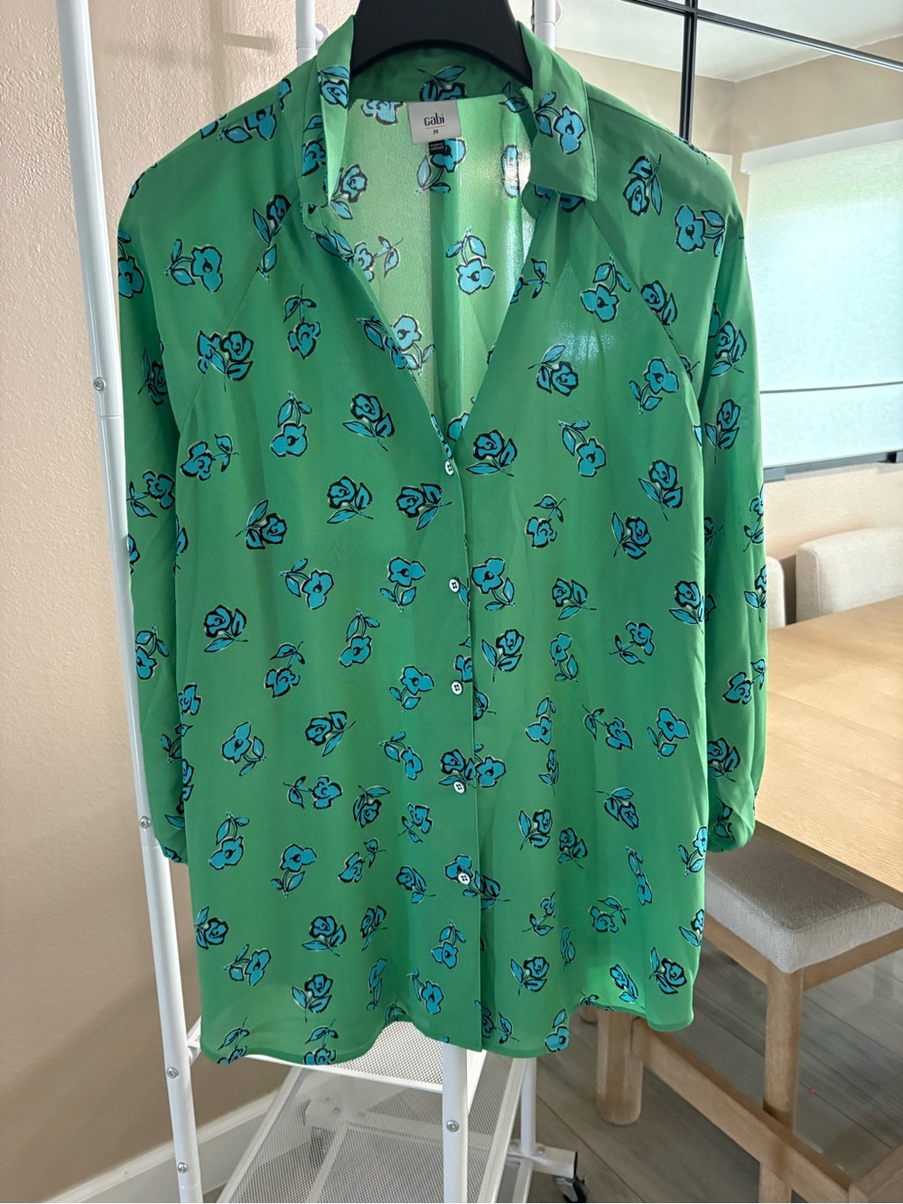 CAbi Green Button-Up Blouse with Blue Floral Print